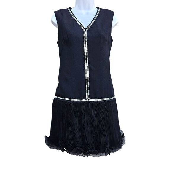 vtg RETRO Cocktail LBD Sleeveless Mini Dress Black & Rhinestones 1960s S/M 6 8 - Picture 1 of 13